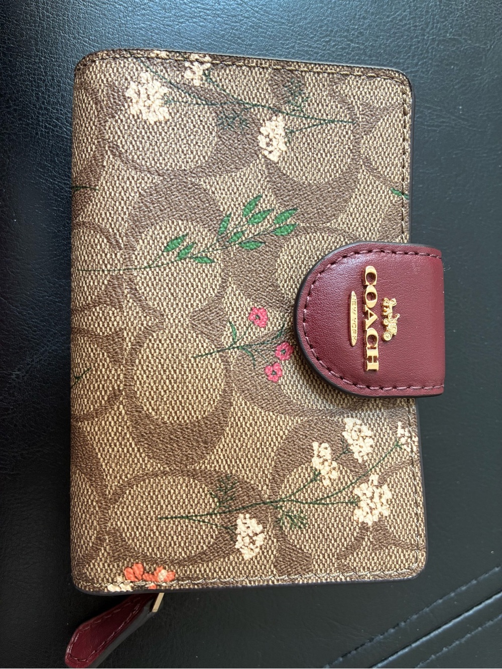 Coach Brown Signature Floral Compact Wallet with Burgundy Snap